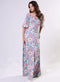 Curved V Neck Paneled Satin Printed Dress